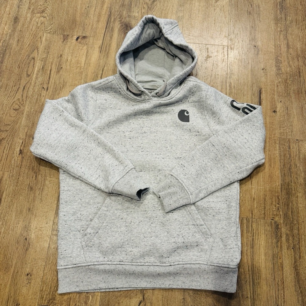 Carhartt Sweatshirt Womens Medium Gray Speckled Hoodie Relaxed Fit Logo Sleeve